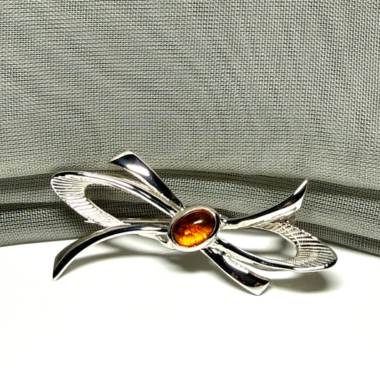 Bow Shaped Sterling silver real amber brooch