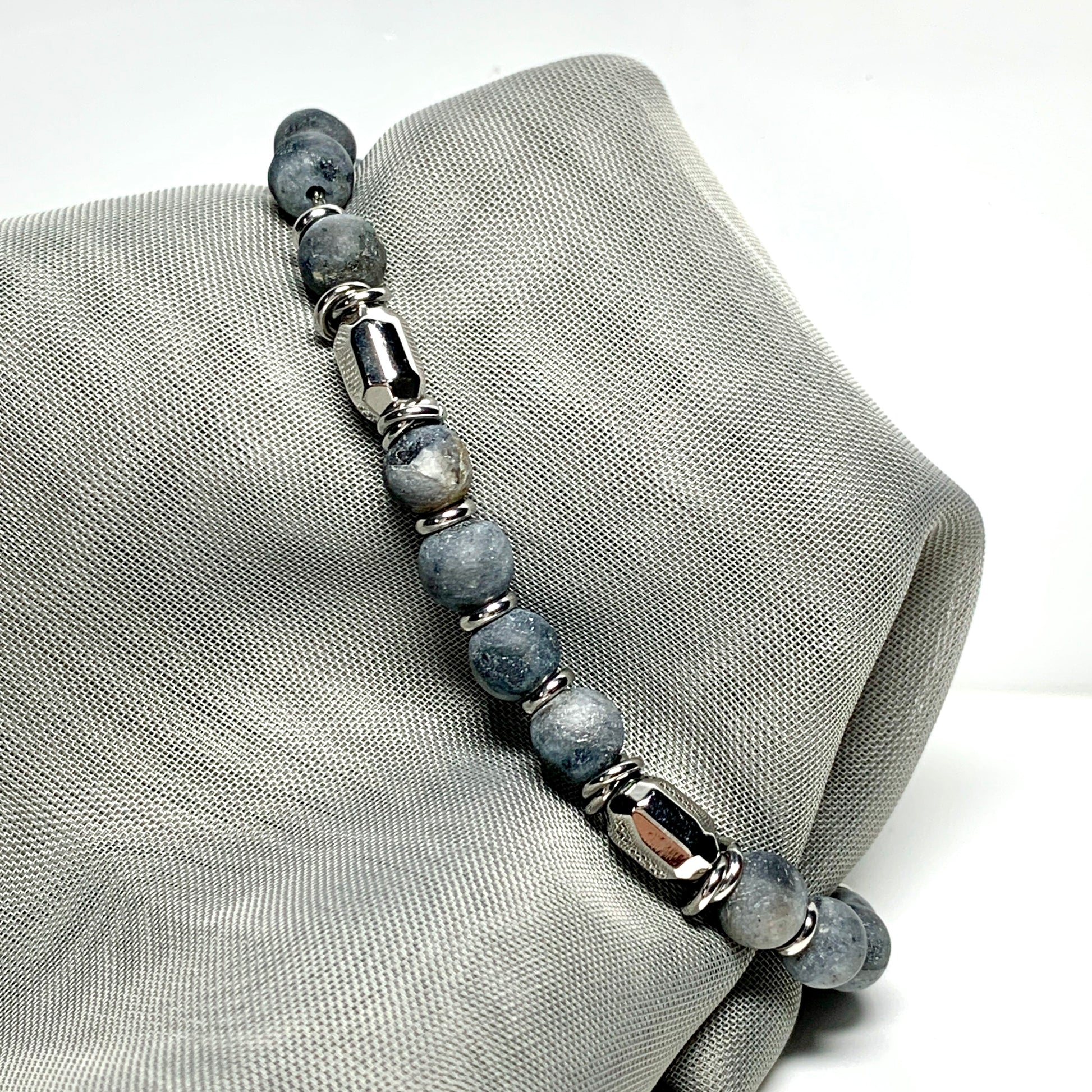 Bracelet Labradorite heavy solid stainless steel blue grey