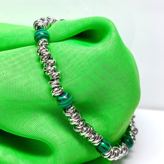 Bracelet green and black malachite heavy solid stainless steel