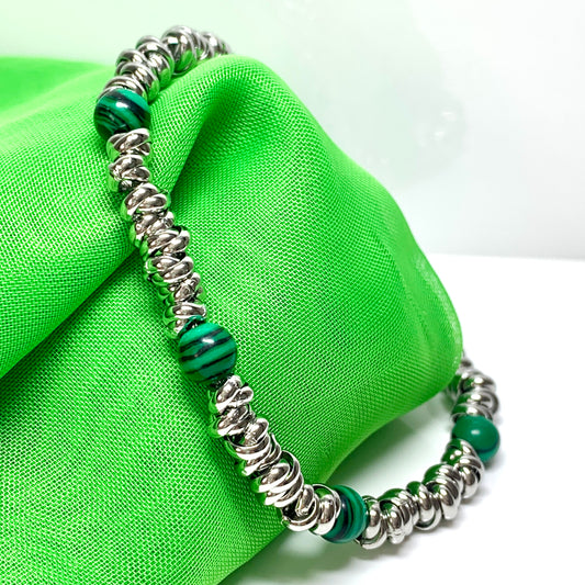 Bracelet green and black malachite heavy solid stainless steel