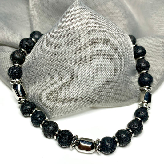 Bracelet real black lava heavy solid stainless steel