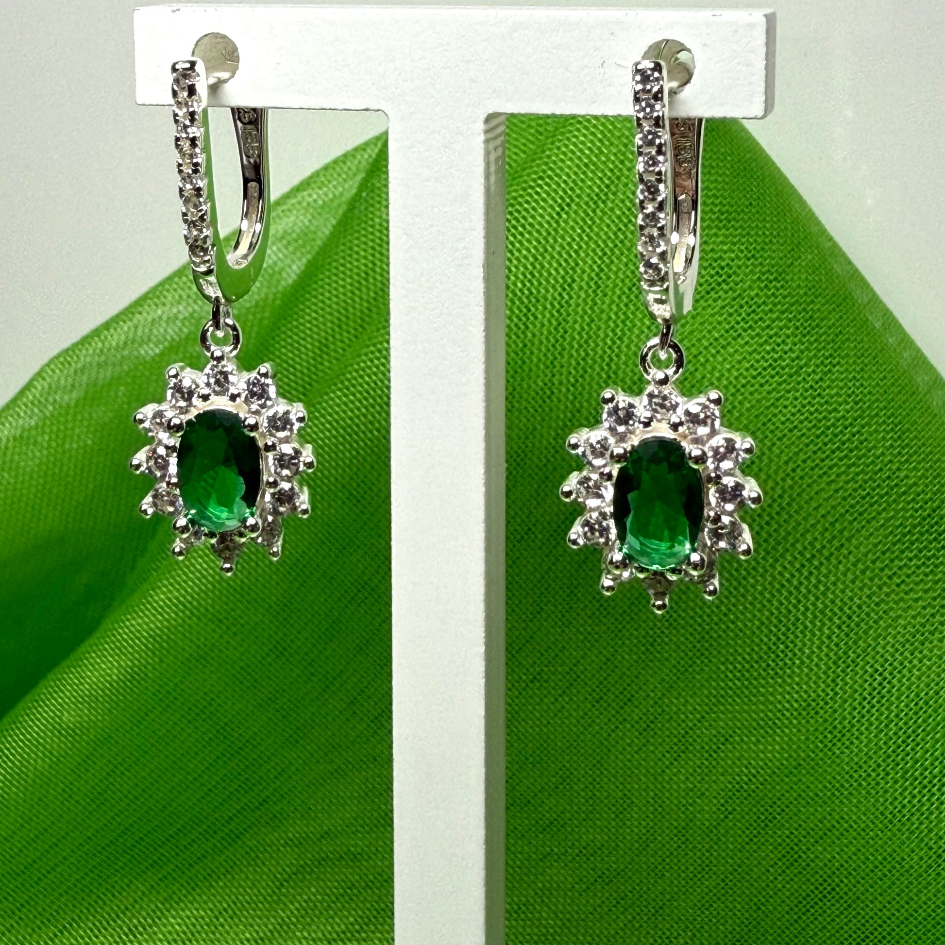 Bright green and white cubic zirconia oval cluster dress cocktail drop earrings