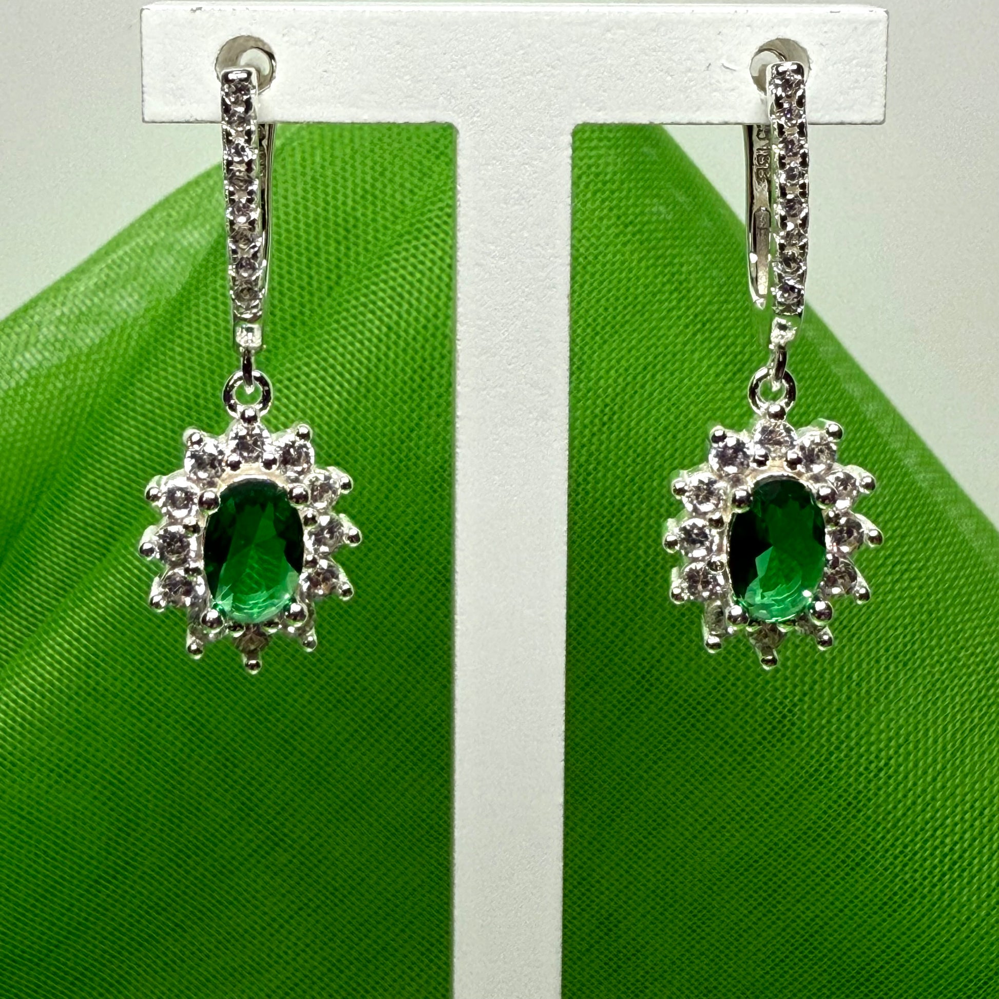 Bright green and white cubic zirconia oval cluster dress cocktail drop earrings