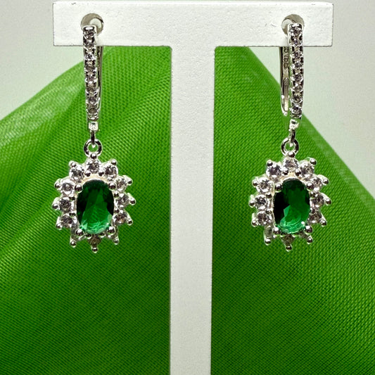 Bright green and white cubic zirconia oval cluster dress cocktail drop earrings