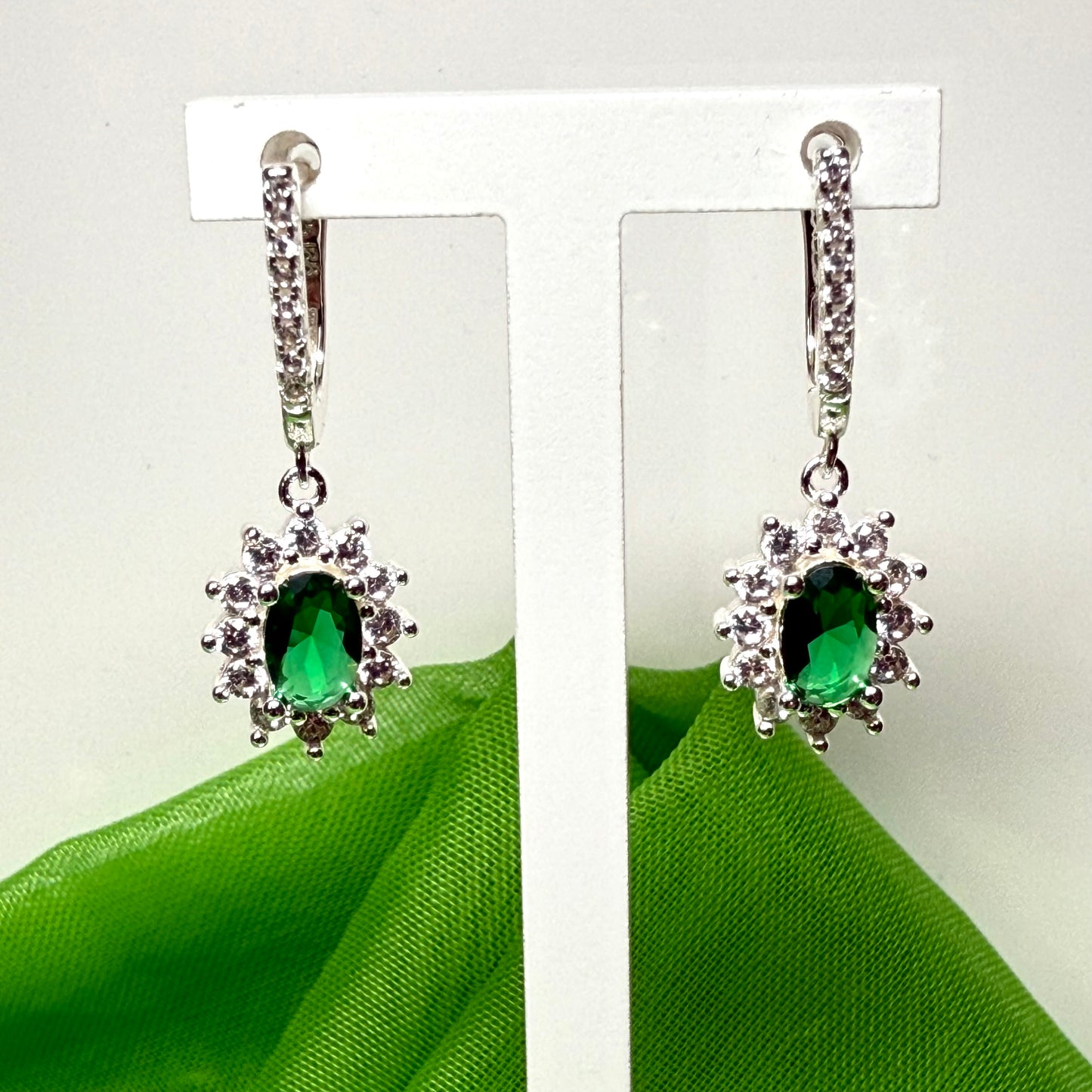 Bright green and white cubic zirconia oval cluster dress cocktail drop earrings