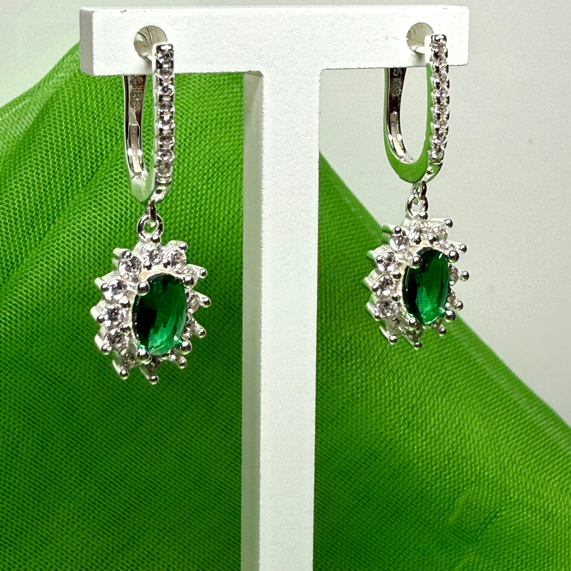 Bright green and white cubic zirconia oval cluster dress cocktail drop earrings