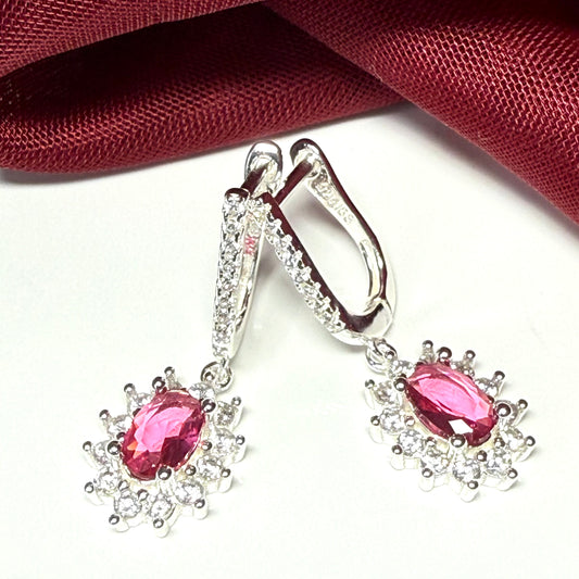 Bright red and white cubic zirconia oval cluster dress cocktail drop earrings