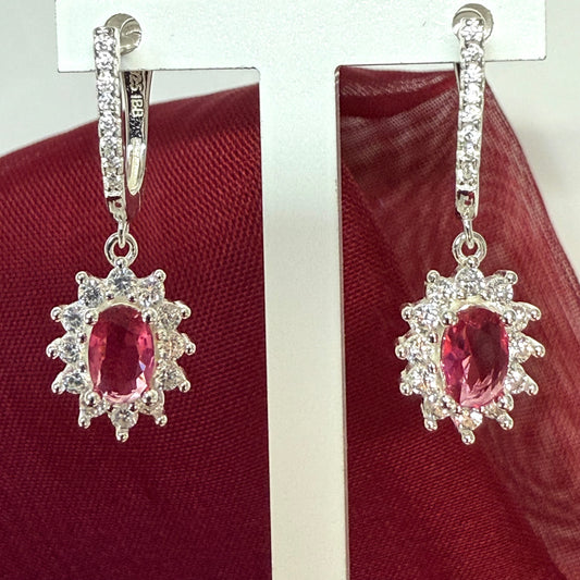 Bright red and white cubic zirconia oval cluster dress cocktail drop earrings