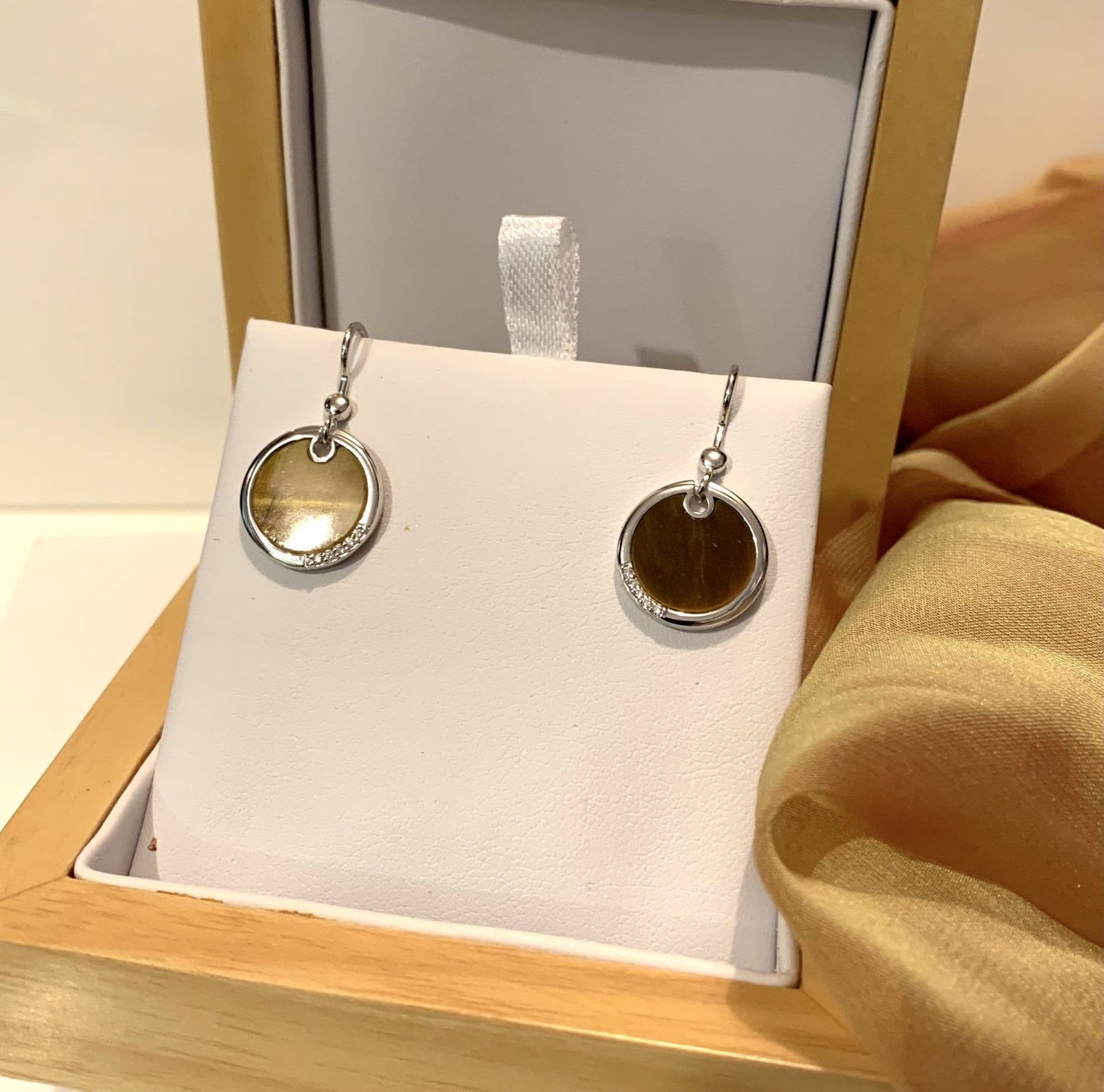 Brown tigers eye round sterling silver drop earrings circle