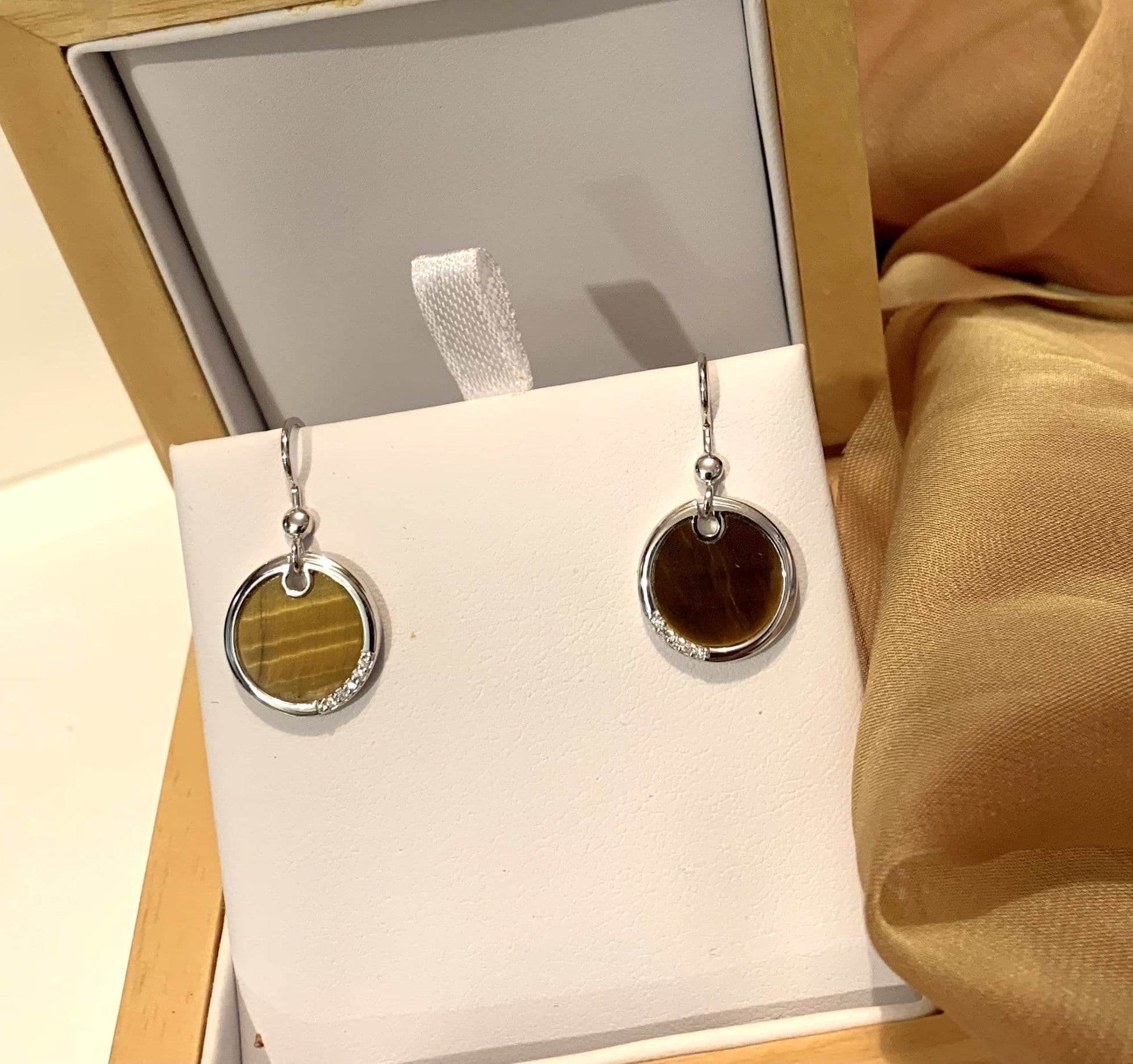 Brown tigers eye round sterling silver drop earrings circle