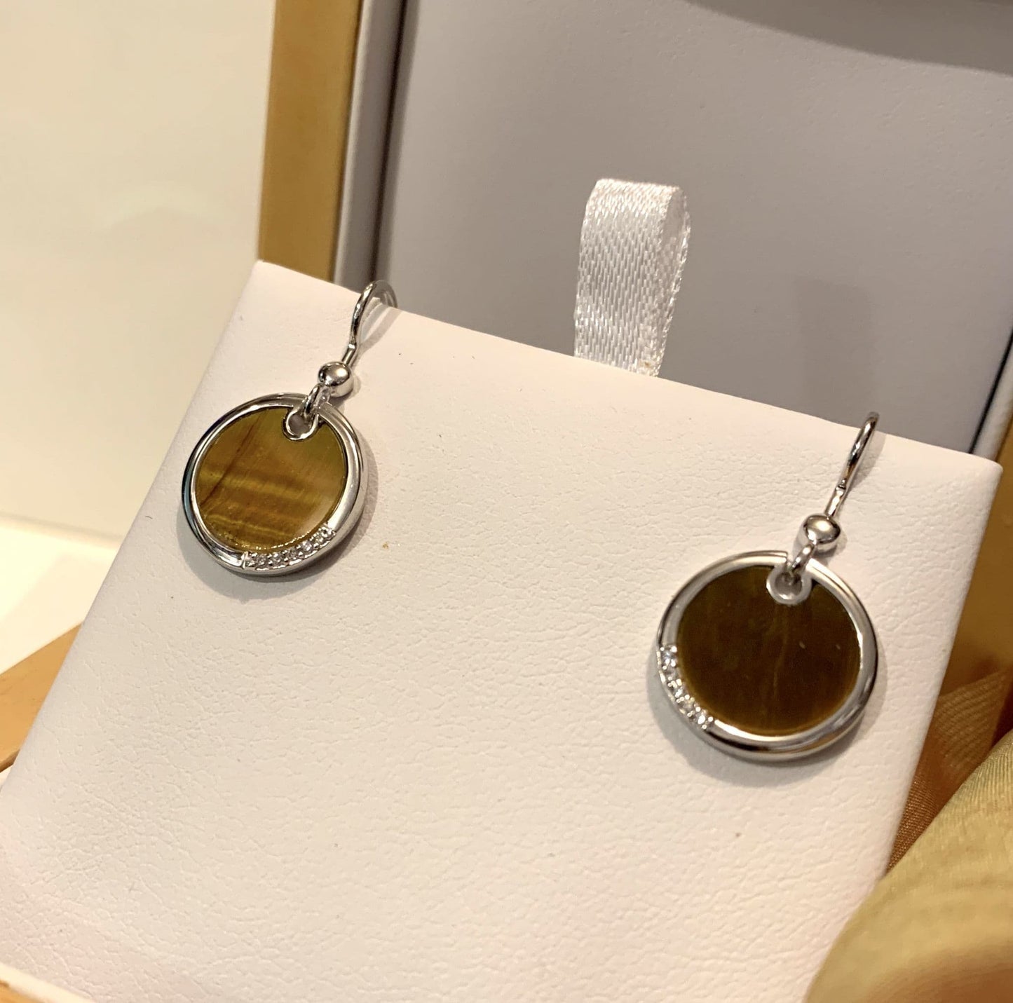 Brown tigers eye round sterling silver drop earrings circle