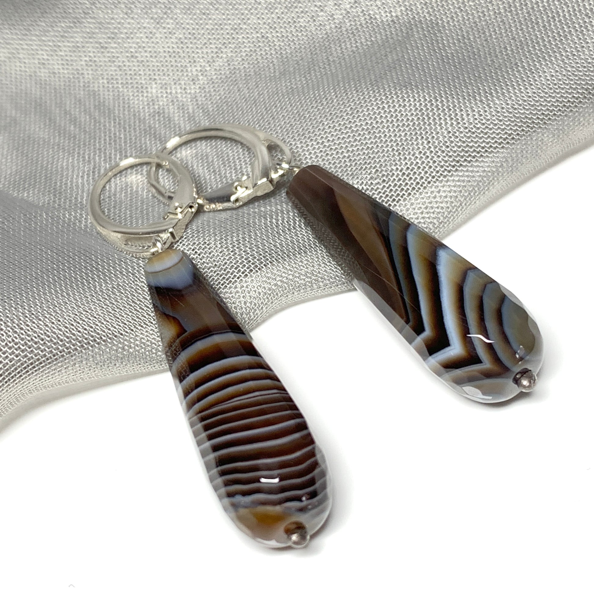 Brown agate teardrop shaped long drop earrings