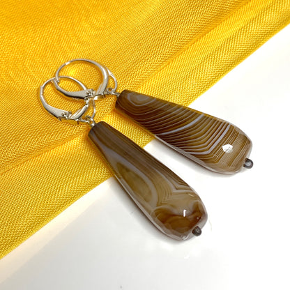 Brown teardrop shaped agate long drop earrings