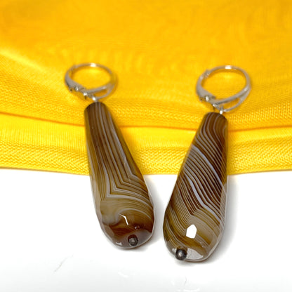 Brown teardrop shaped agate long drop earrings