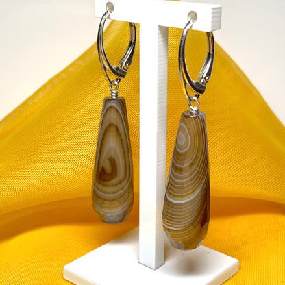 Brown teardrop shaped agate long drop earrings