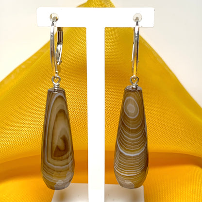 Brown teardrop shaped agate long drop earrings