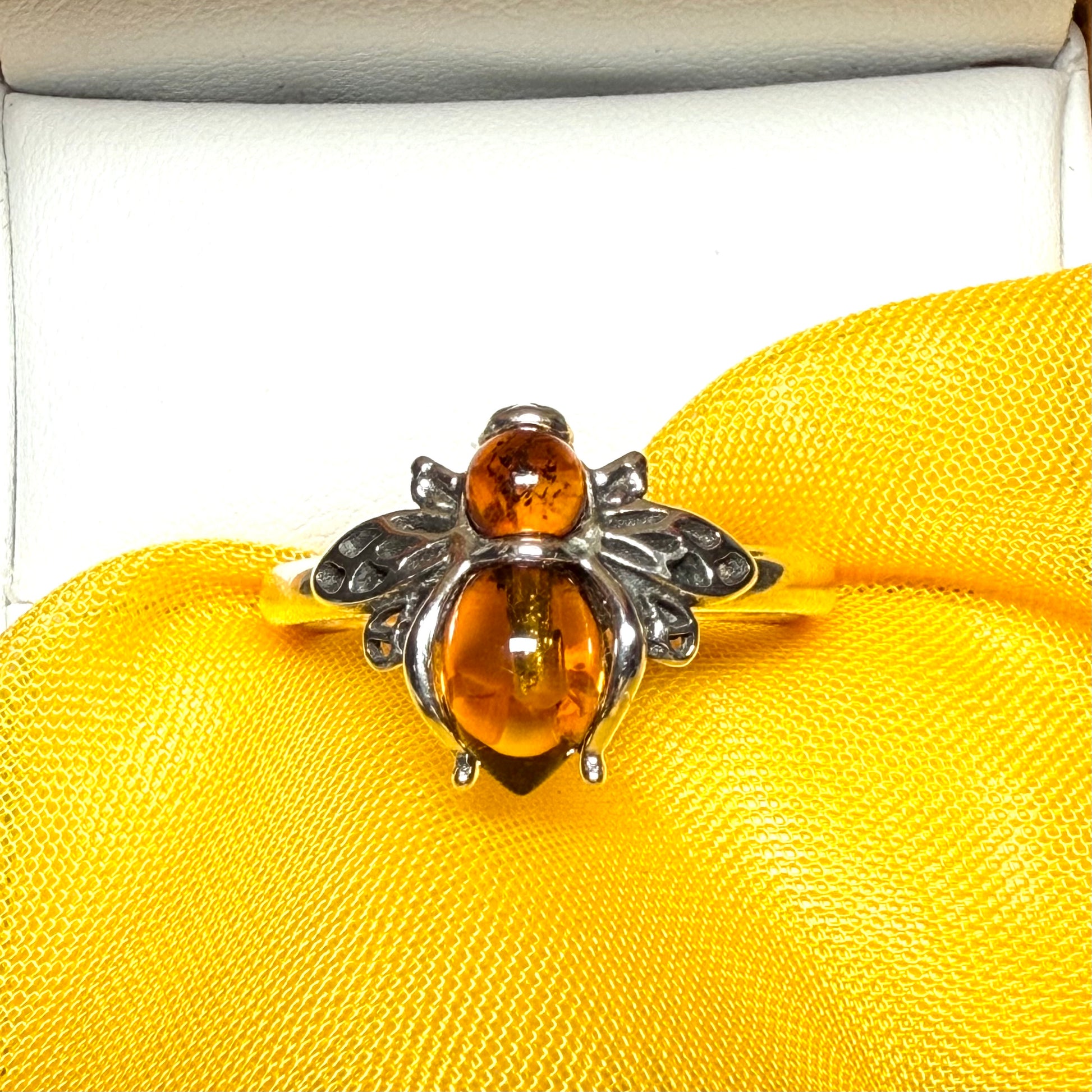 Bumble bee shaped ring real amber sterling silver