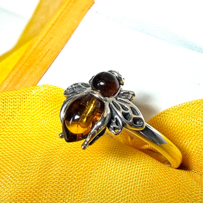 Bumble bee shaped ring real amber sterling silver