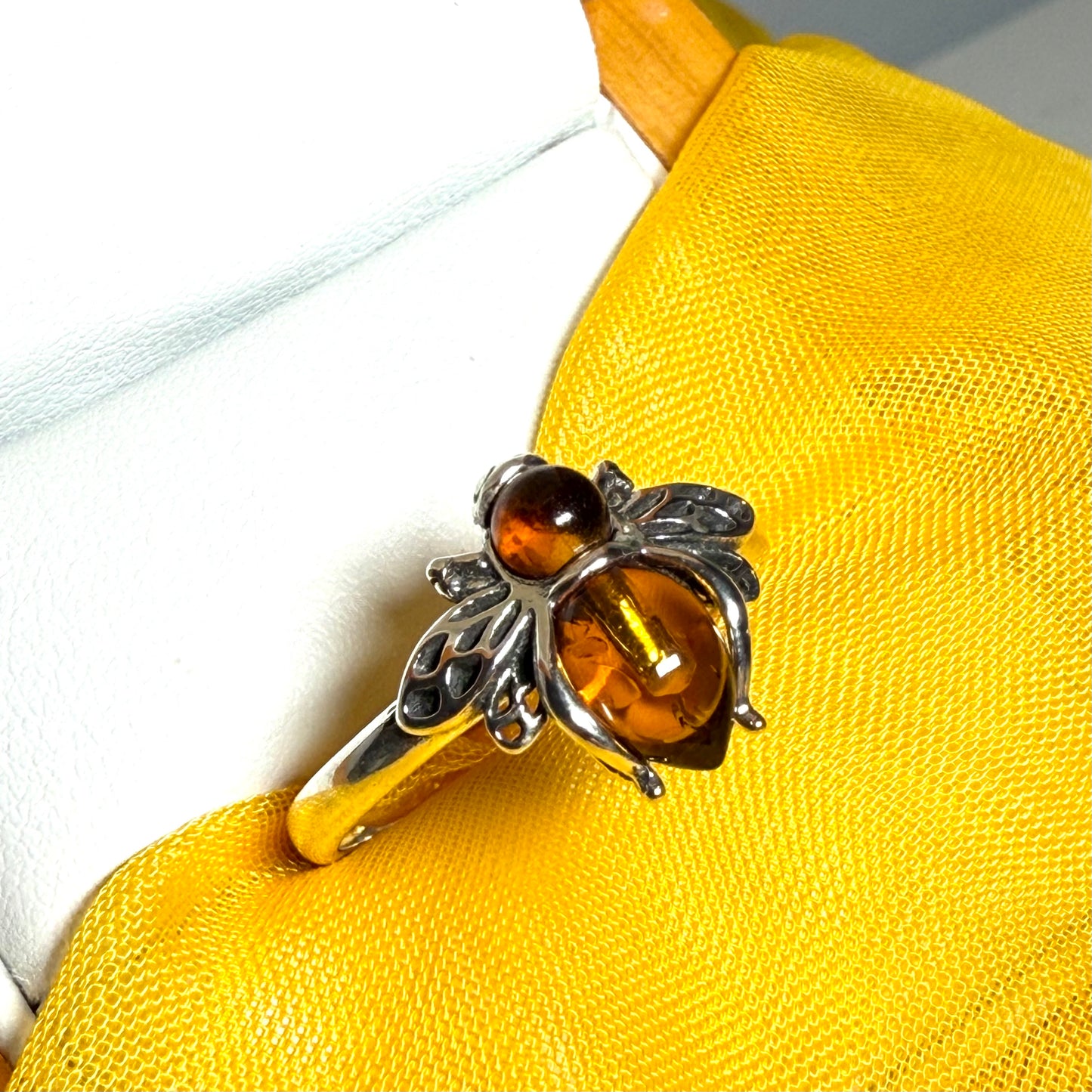 Bumble bee shaped ring real amber sterling silver