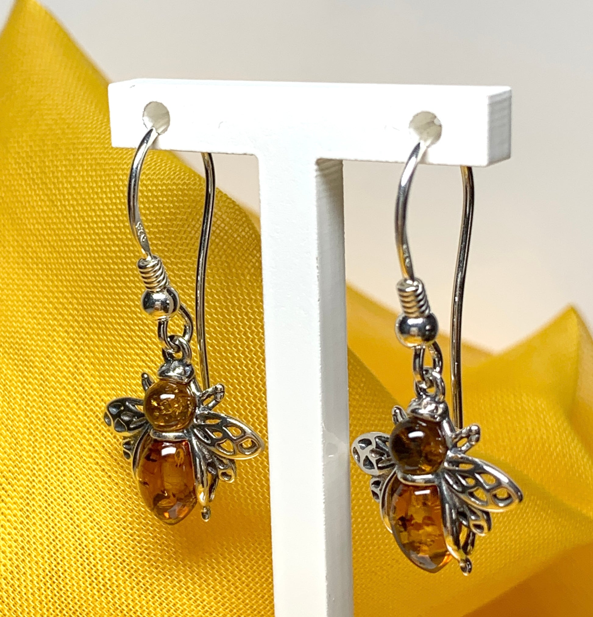 Bumble bee real amber drop earrings sterling silver