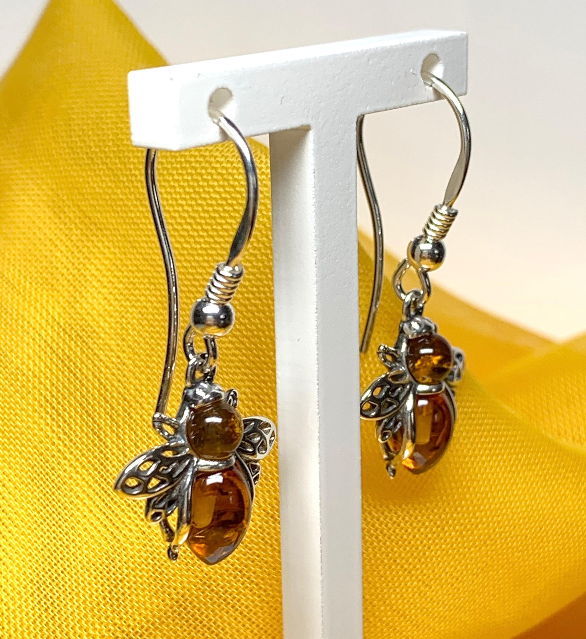 Bumble bee real amber drop earrings sterling silver