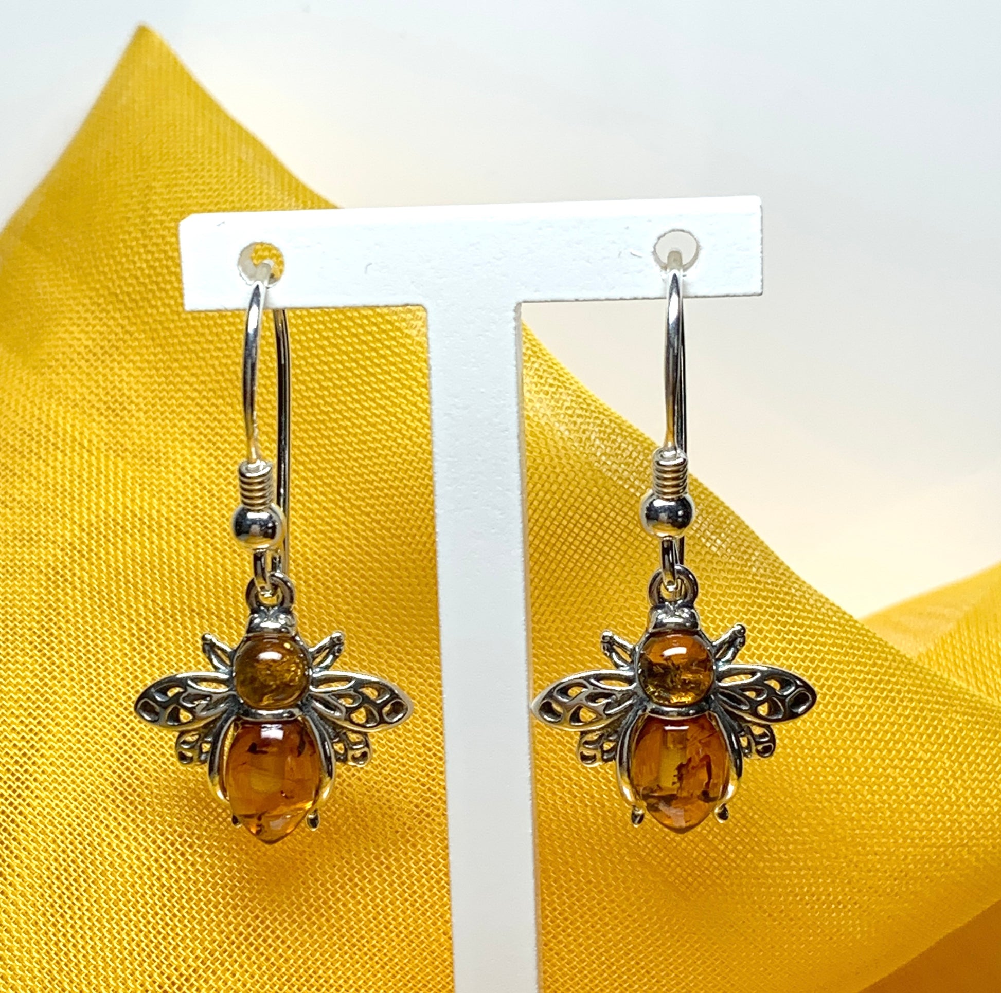 Bumble bee real amber drop earrings sterling silver