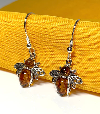 Bumble bee real amber drop earrings sterling silver