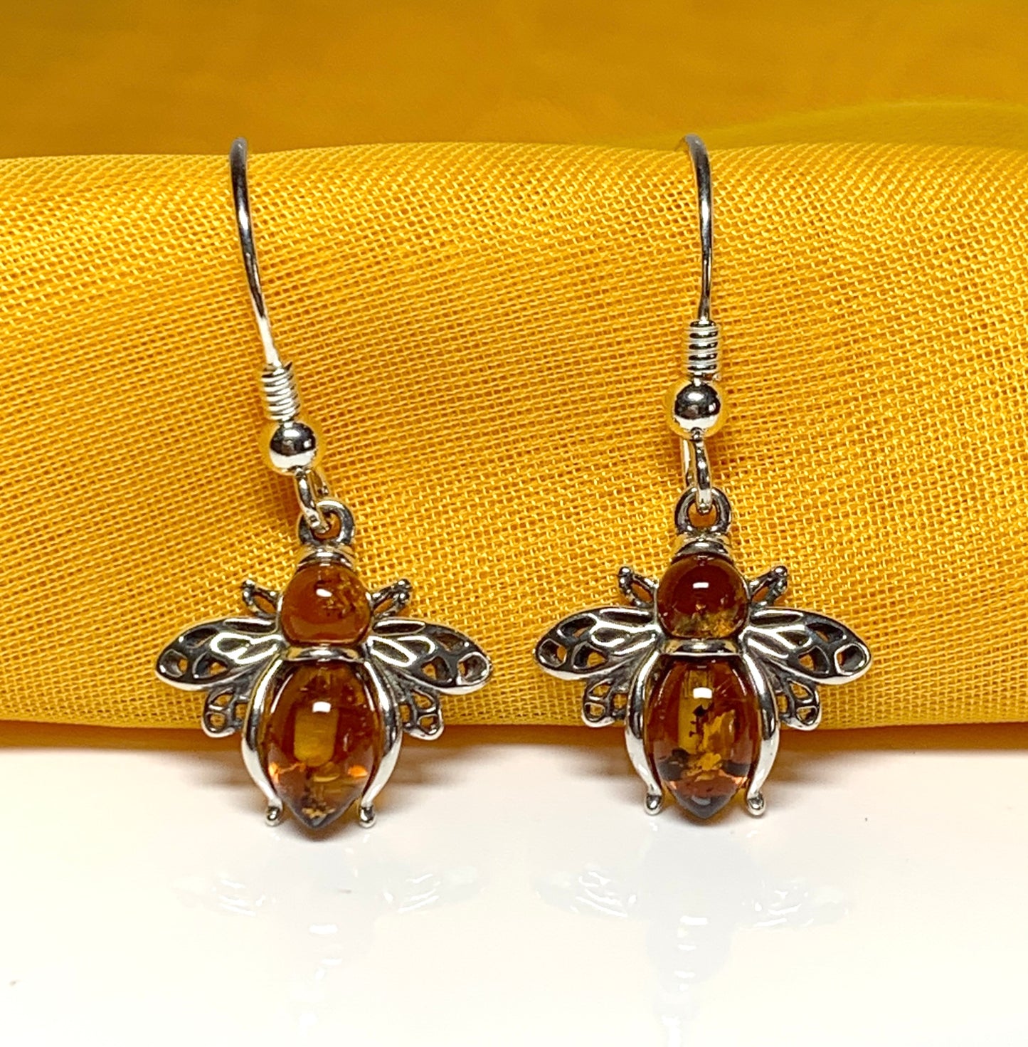 Bumble bee real amber drop earrings sterling silver