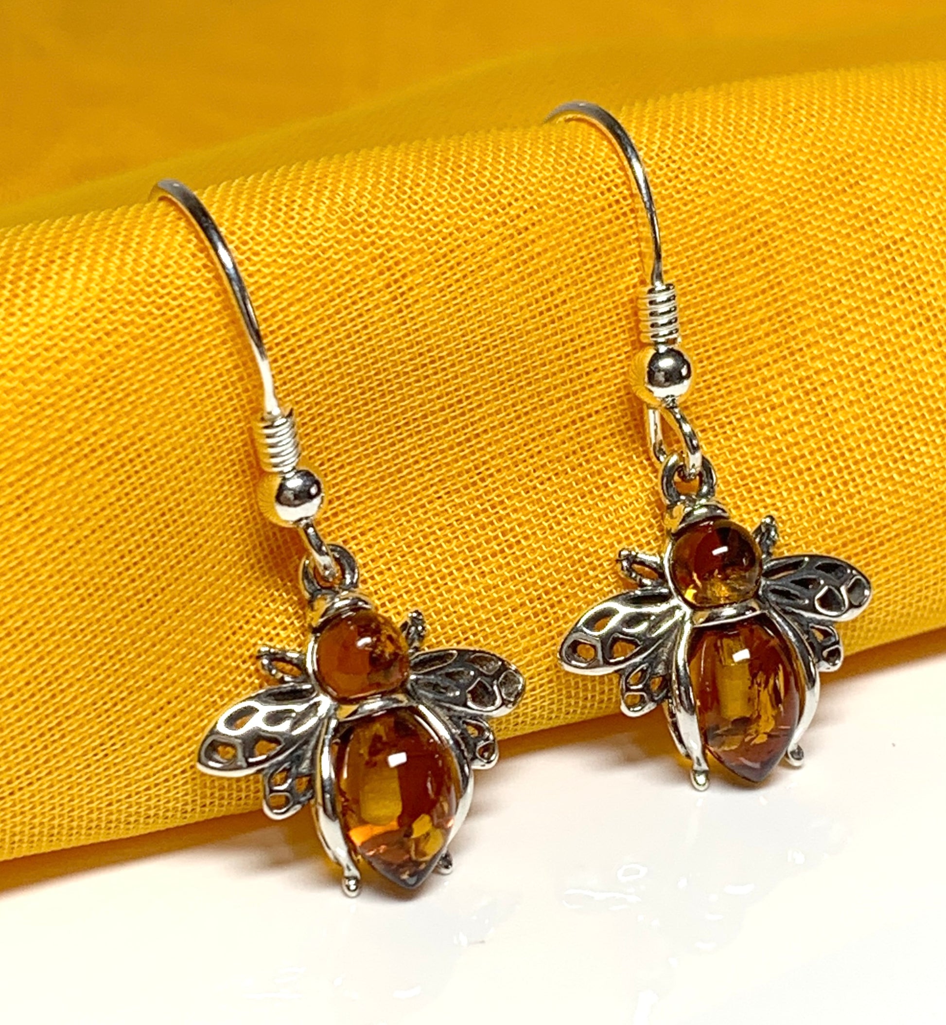 Bumble bee real amber drop earrings sterling silver