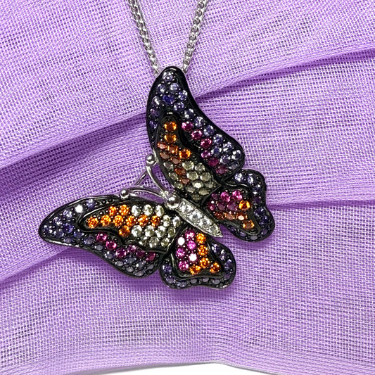 Butterfly necklace set with purple and multicoloured cubic zirconia stones