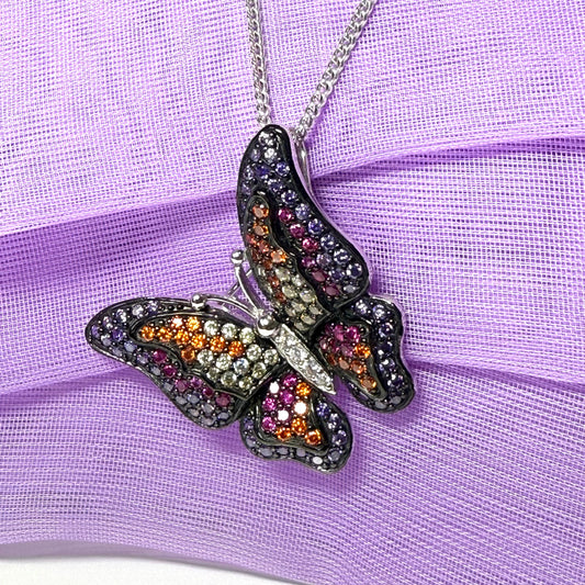 Butterfly necklace set with purple and multicoloured cubic zirconia stones