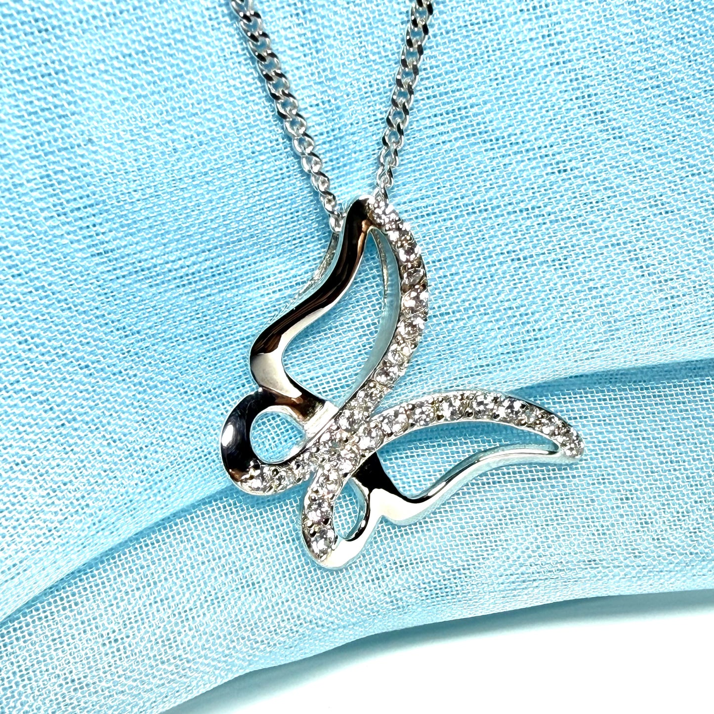 Butterfly shape open necklace cubic zirconia sterling silver pendant