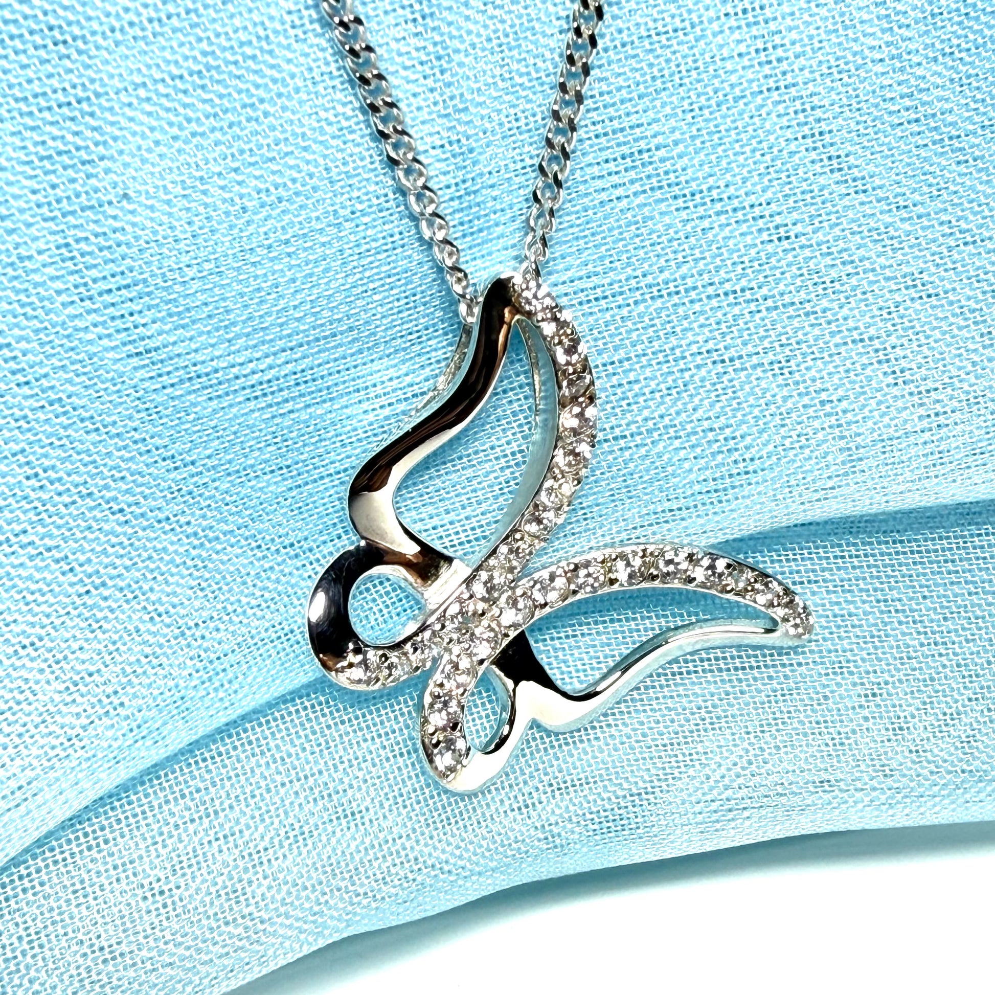 Butterfly shape open necklace cubic zirconia sterling silver pendant