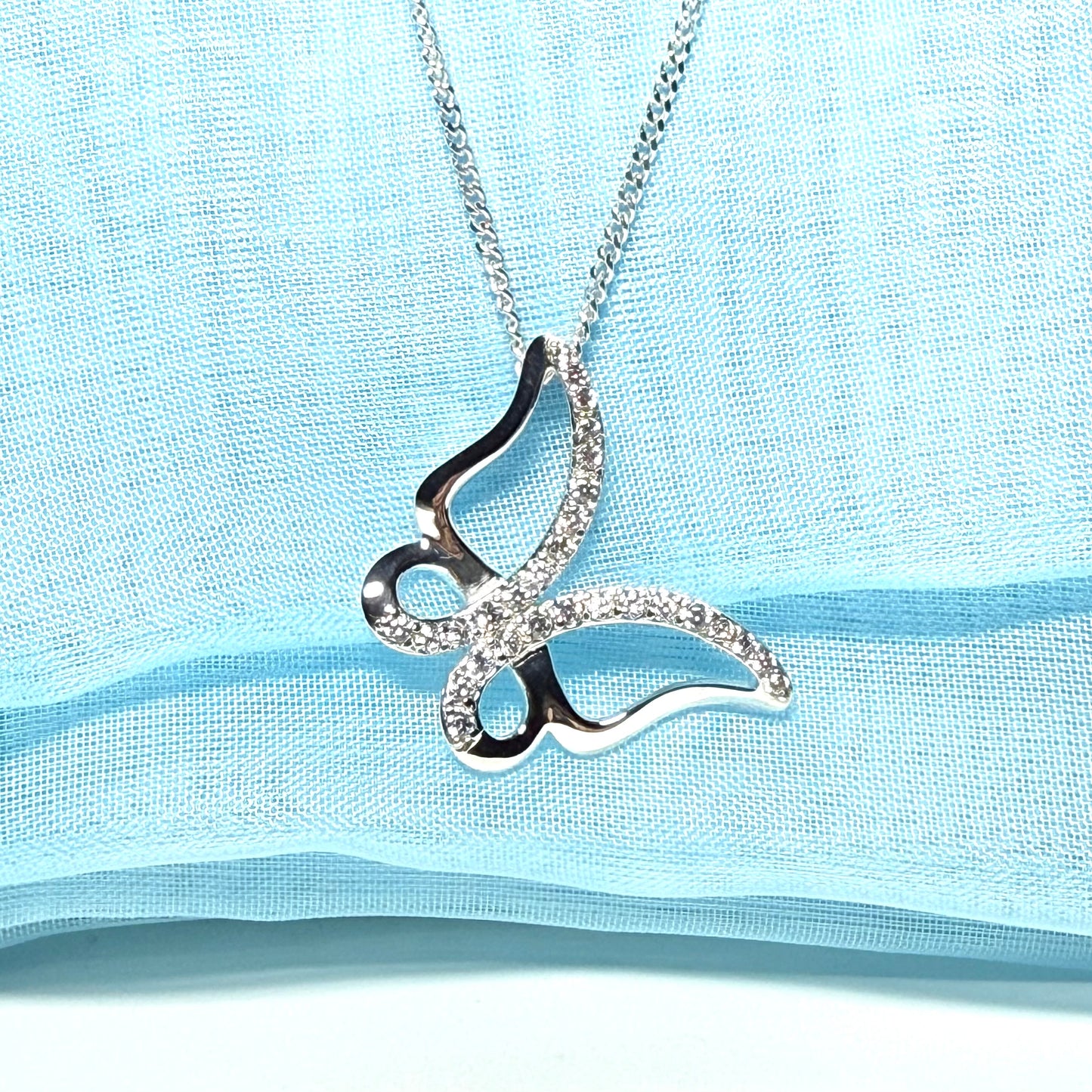 Butterfly shape open necklace cubic zirconia sterling silver pendant