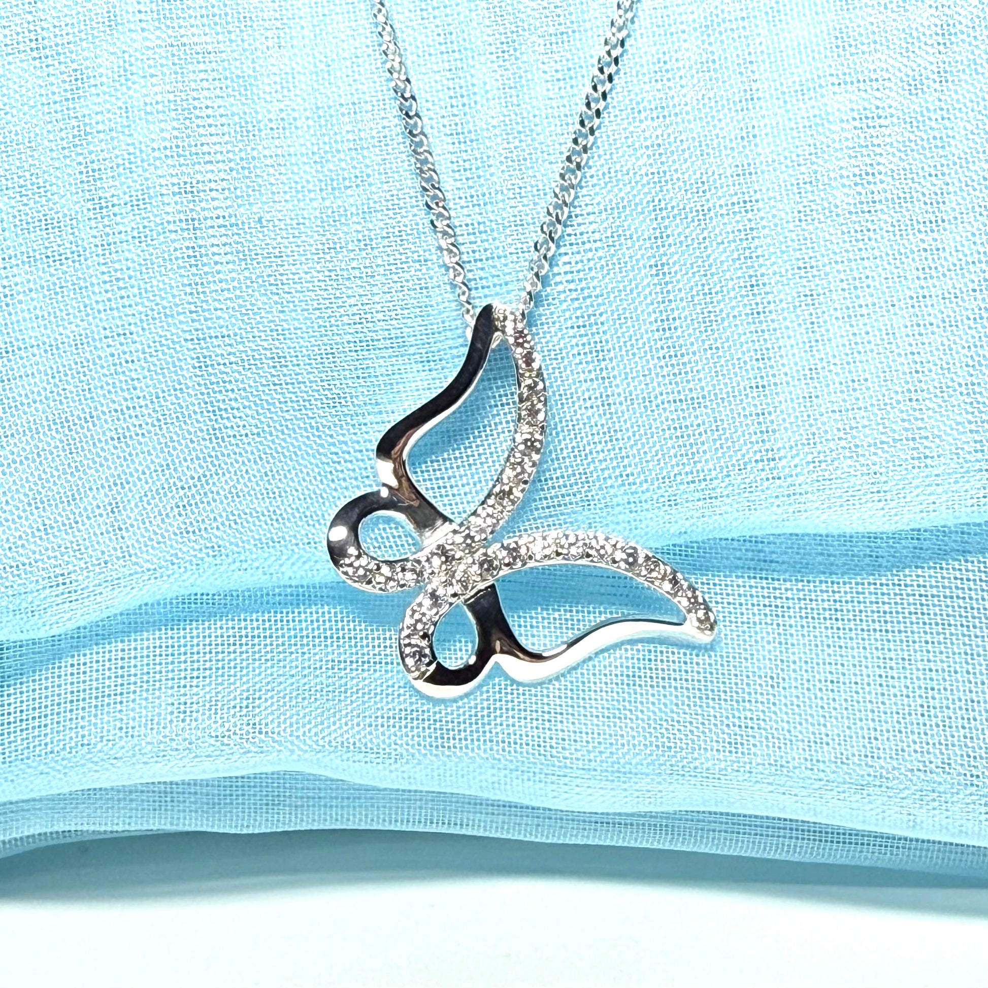 Butterfly shape open necklace cubic zirconia sterling silver pendant