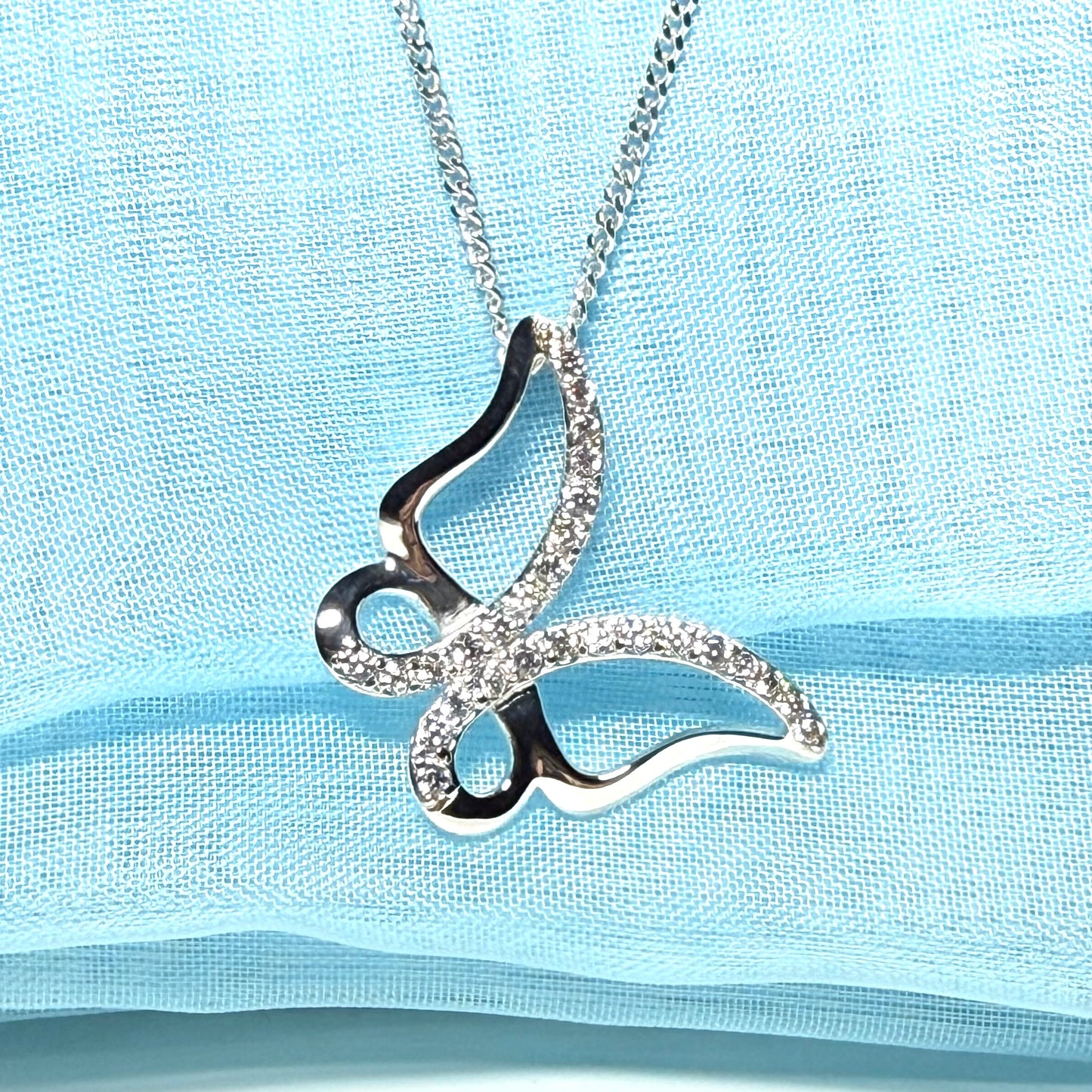 Butterfly shape open necklace cubic zirconia sterling silver pendant