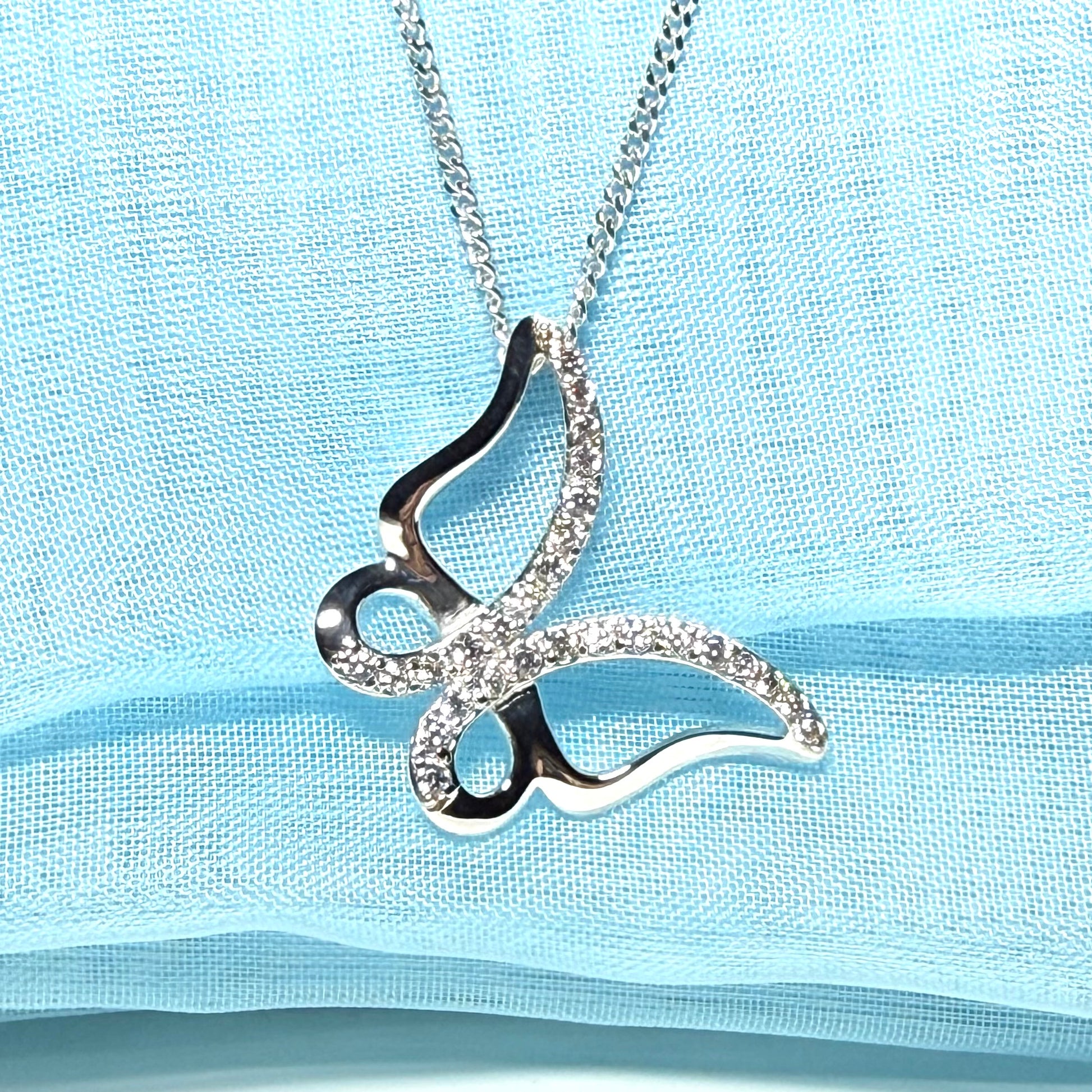 Butterfly shape open necklace cubic zirconia sterling silver pendant