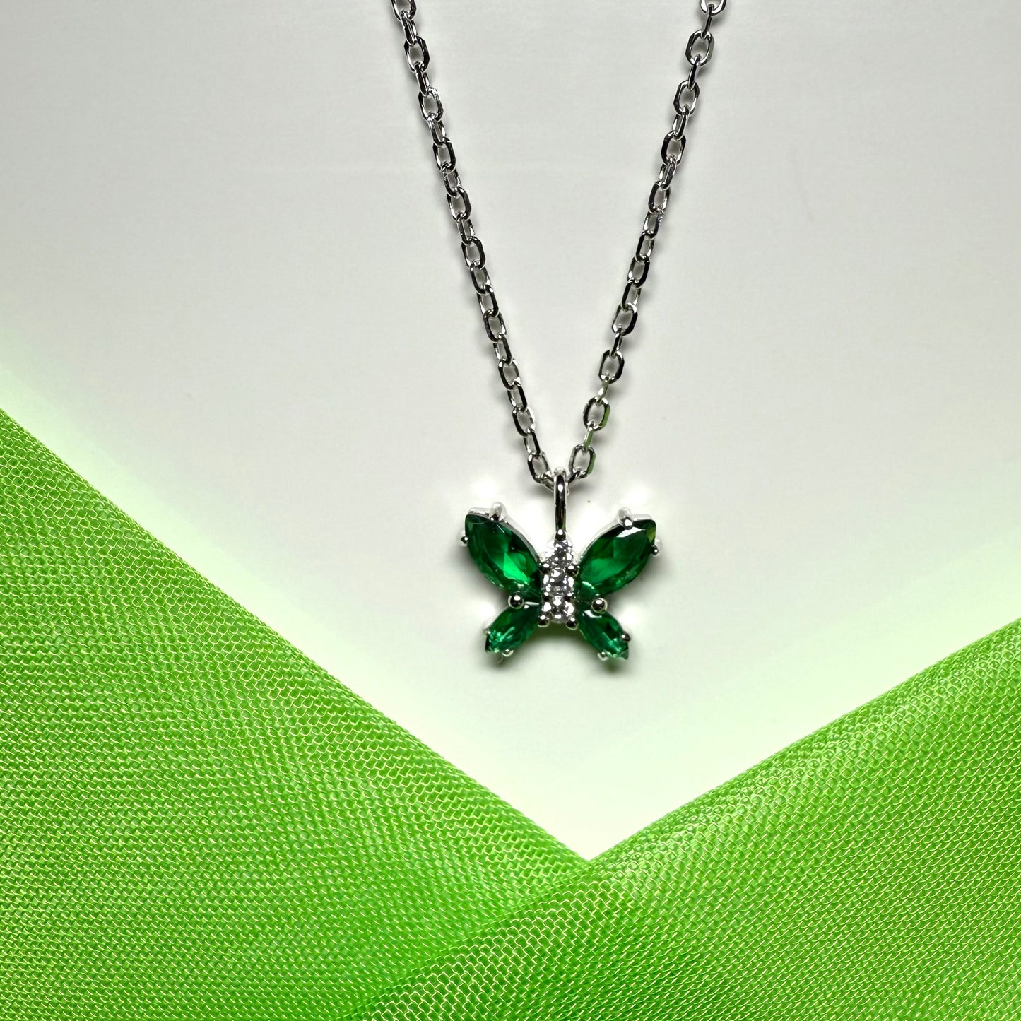 Butterfly shaped necklace green cubic zirconia sterling silver pendant