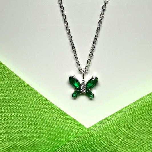 Butterfly shaped necklace green cubic zirconia sterling silver pendant