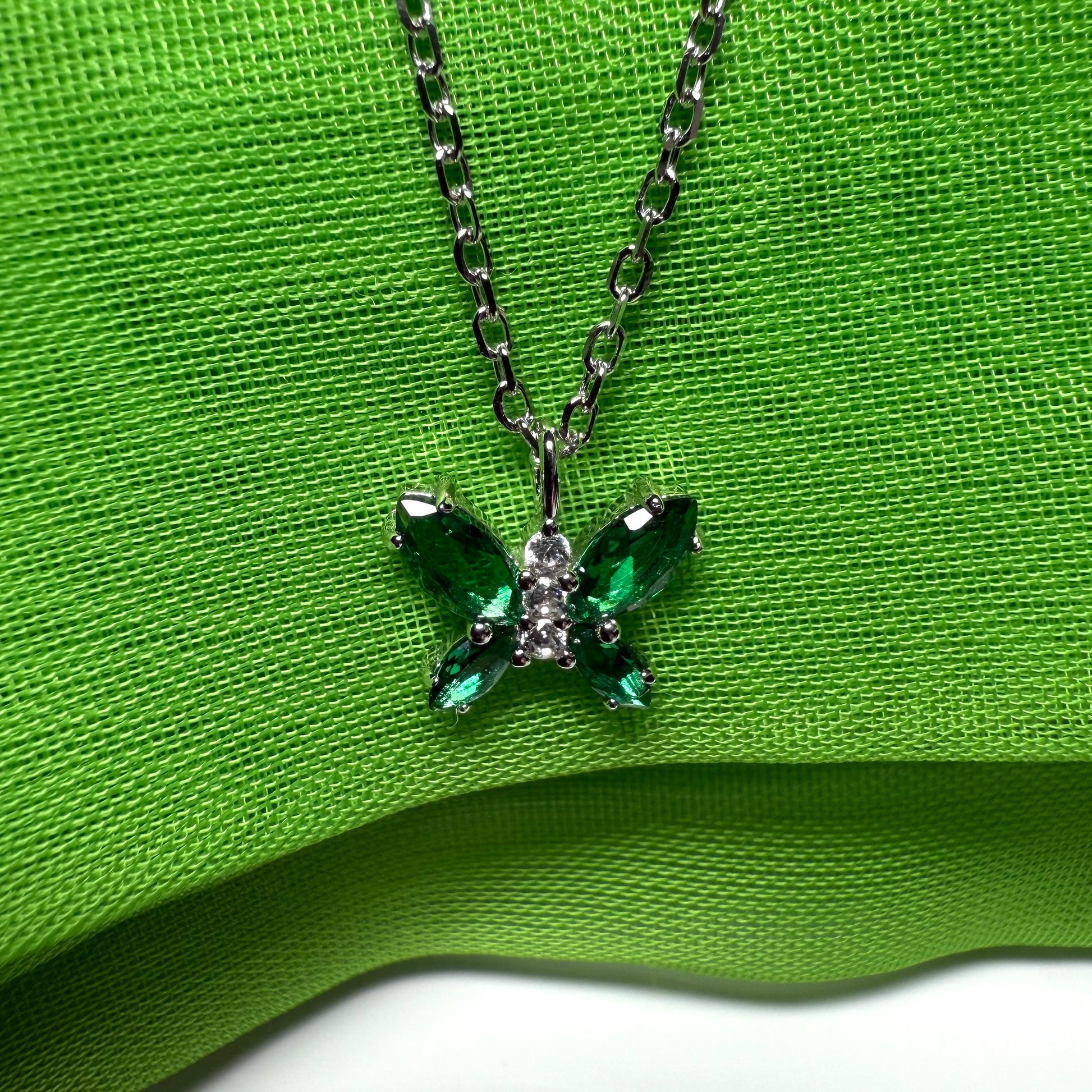 Butterfly shaped necklace green cubic zirconia sterling silver pendant