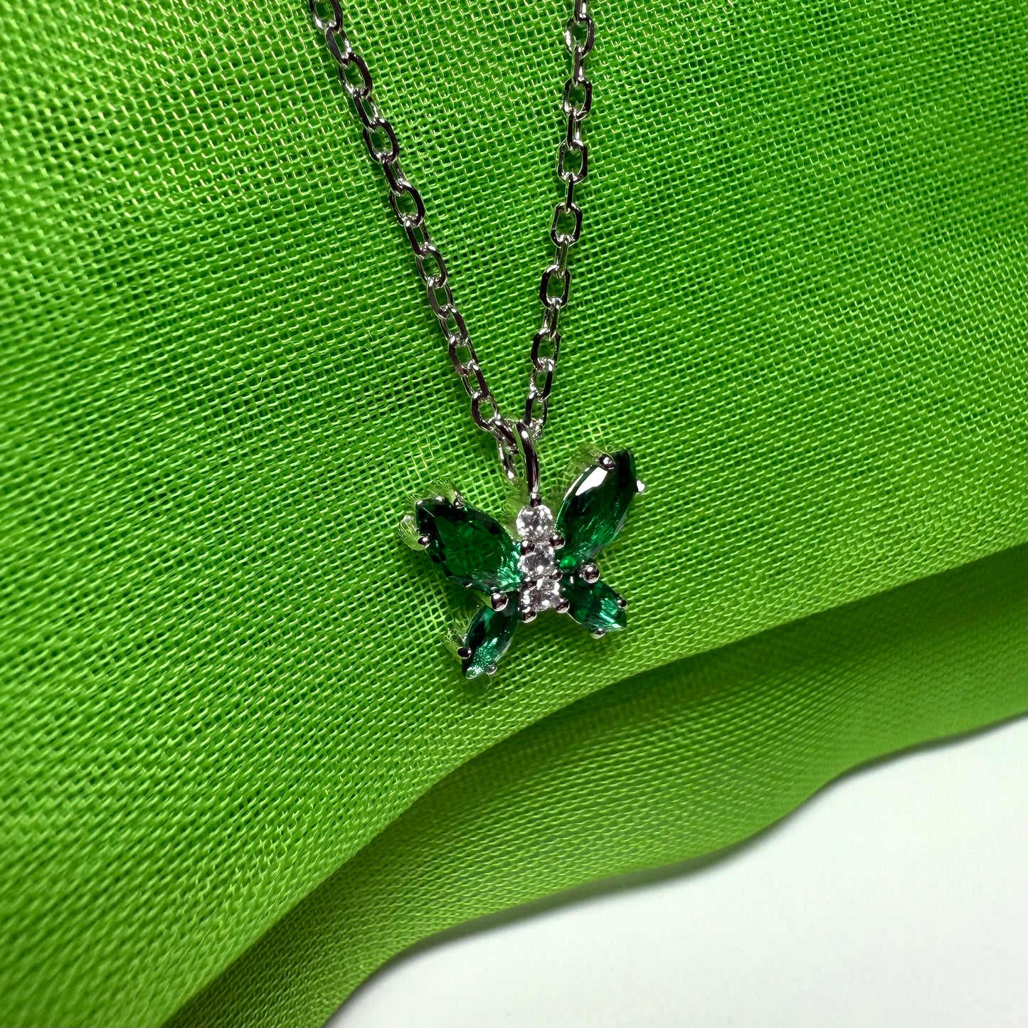 Butterfly shaped necklace green cubic zirconia sterling silver pendant