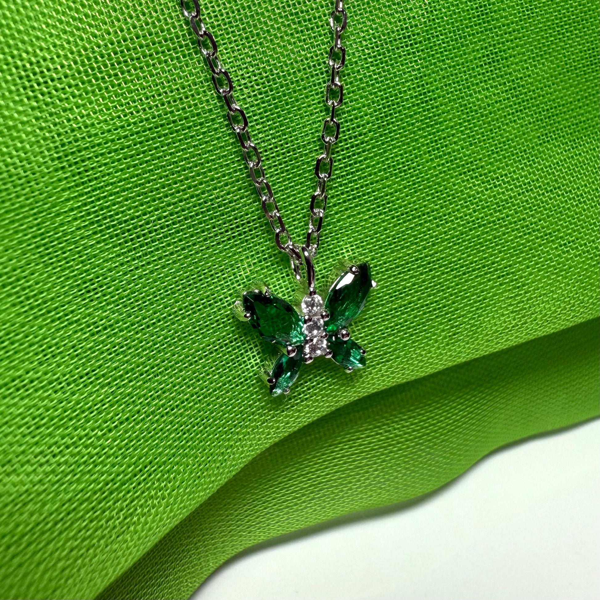 Butterfly shaped necklace green cubic zirconia sterling silver pendant
