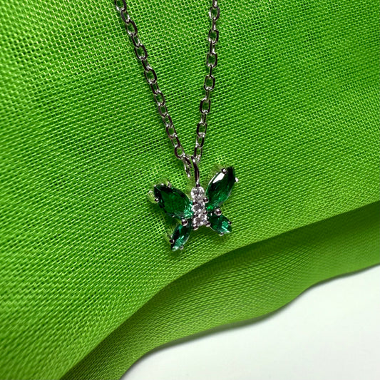 Butterfly shaped necklace green cubic zirconia sterling silver pendant