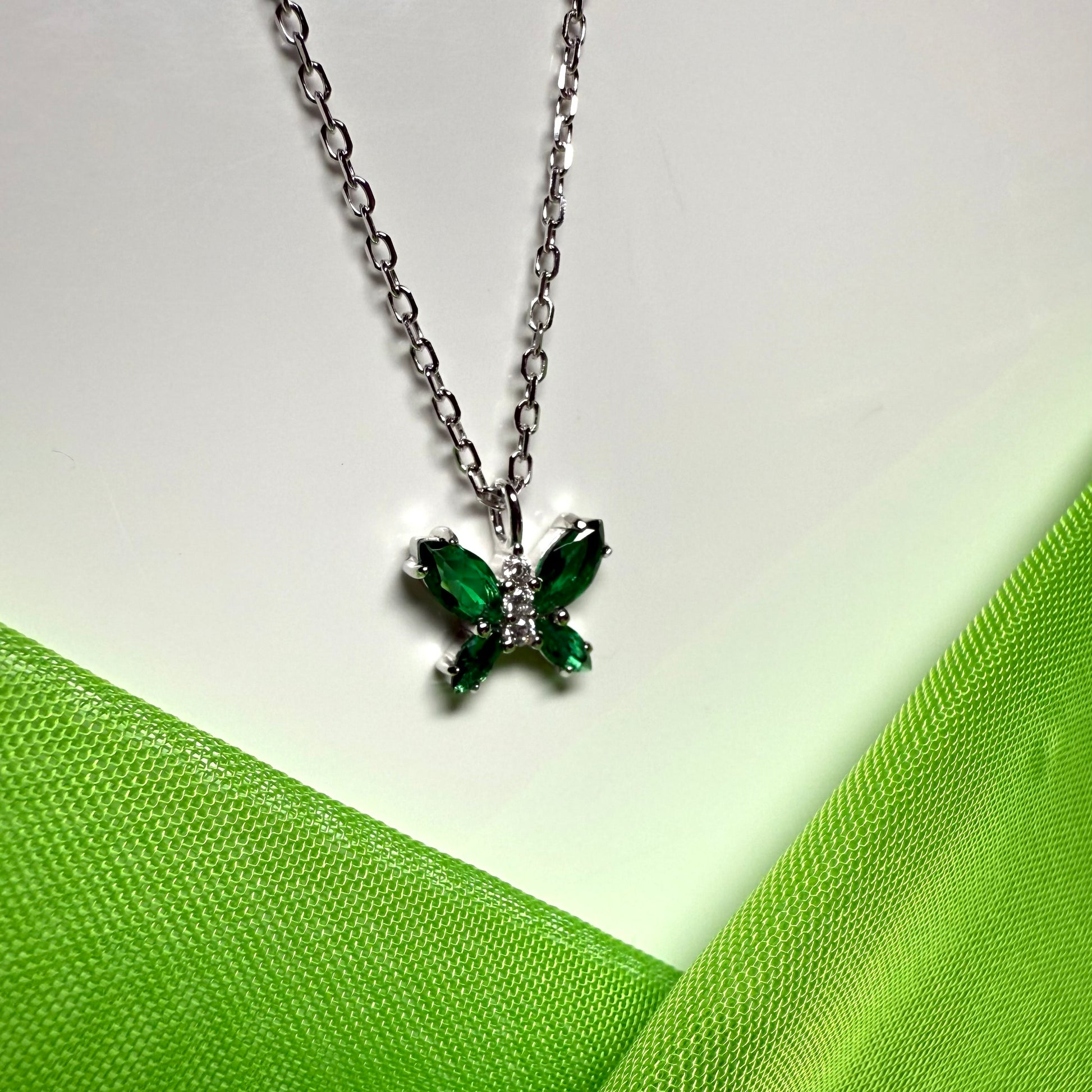 Butterfly shaped necklace green cubic zirconia sterling silver pendant with chain