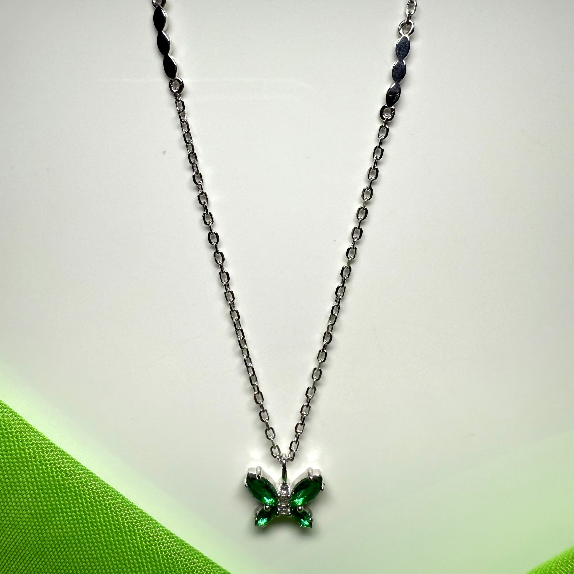 Butterfly shaped necklace green cubic zirconia sterling silver pendant with a chain
