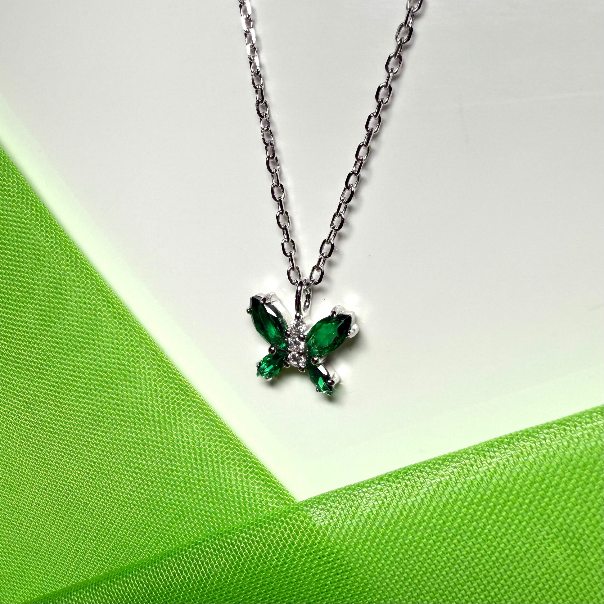 Butterfly shaped necklace green cubic zirconia sterling silver pendant