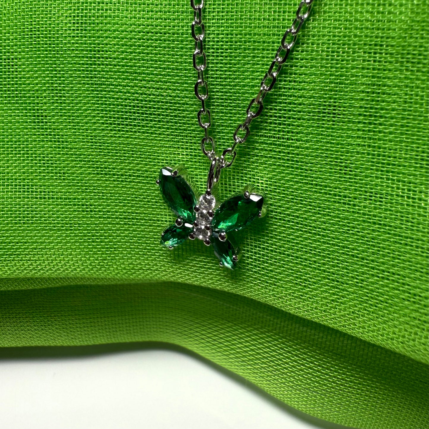 Butterfly shaped necklace green cubic zirconia sterling silver pendant