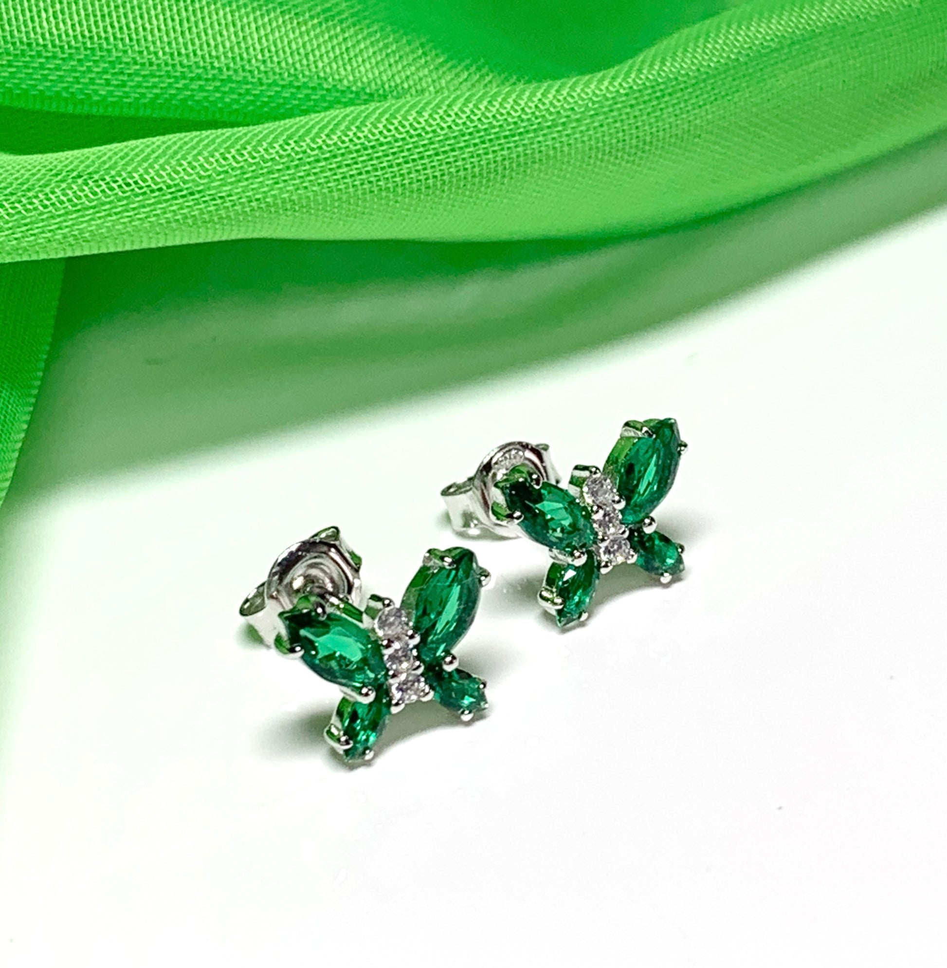 Butterfly shaped green cubic zirconia sterling silver stud earrings