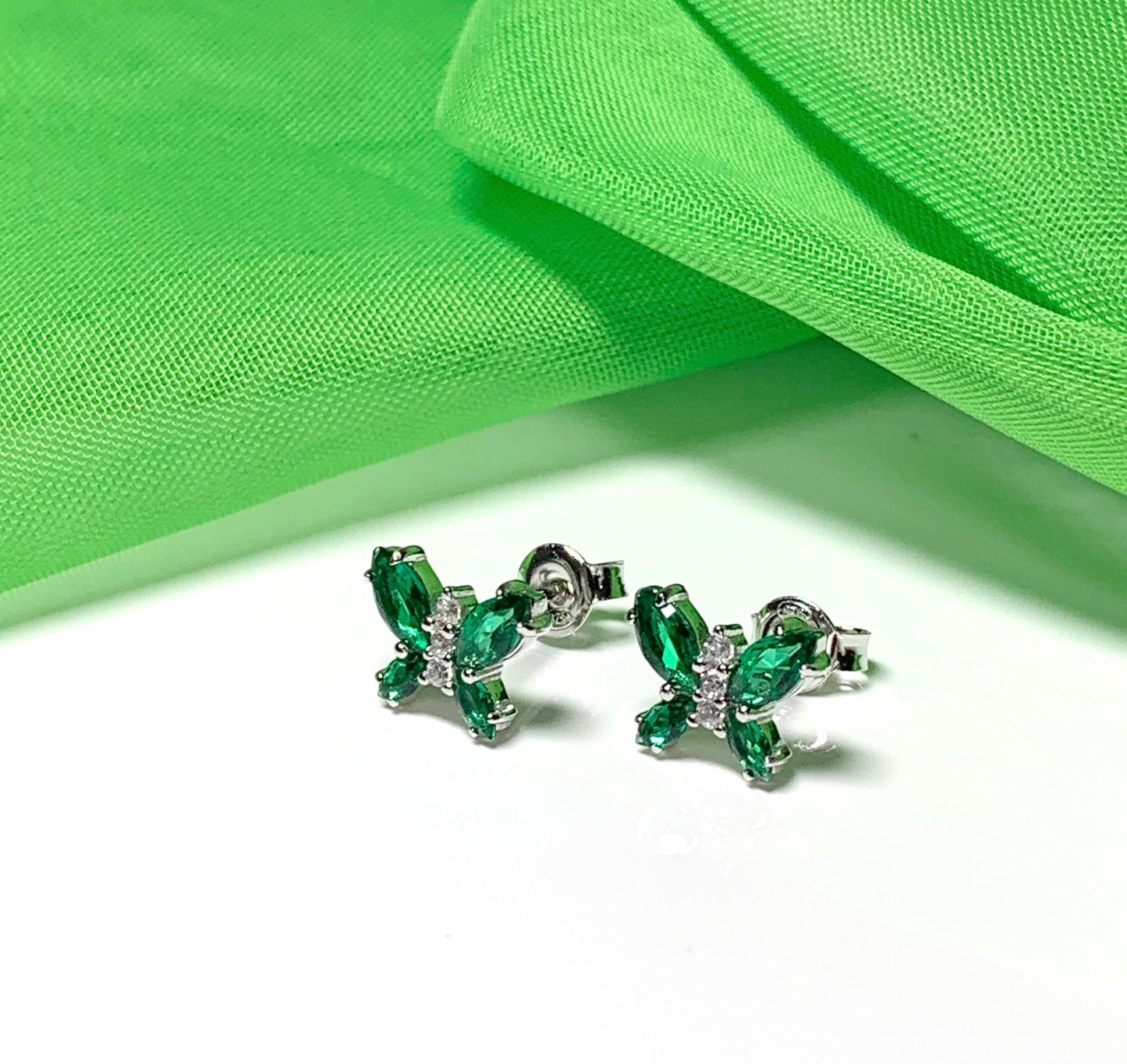 Butterfly shaped green cubic zirconia sterling silver stud earrings