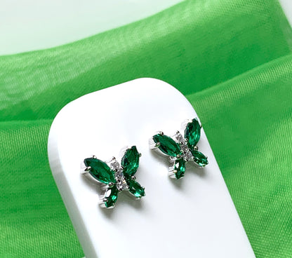 Butterfly shaped green cubic zirconia sterling silver stud earrings